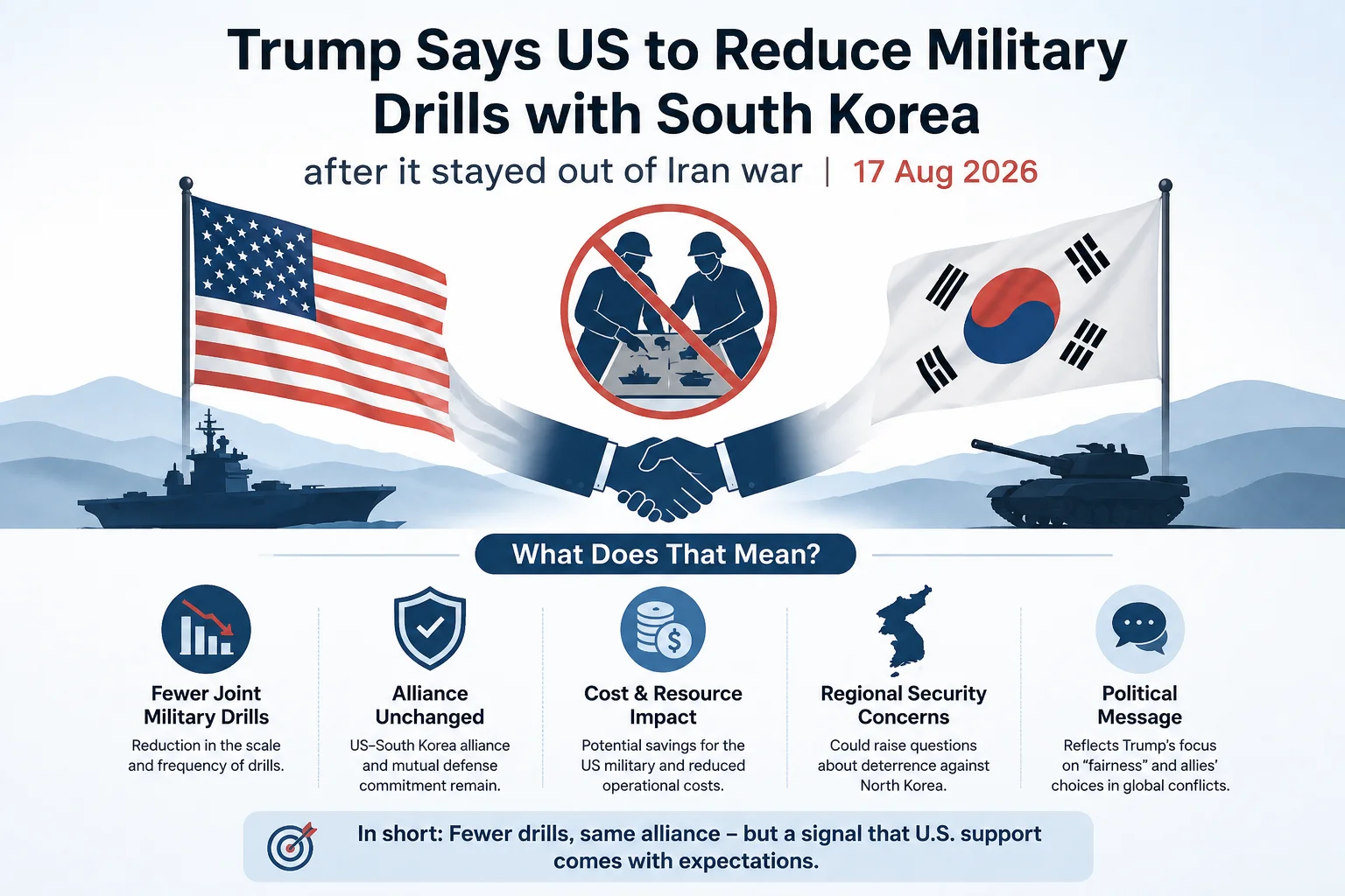 Trump says US to reduce military drills with South Korea after it stayed out of Iran war 17/aug/2026